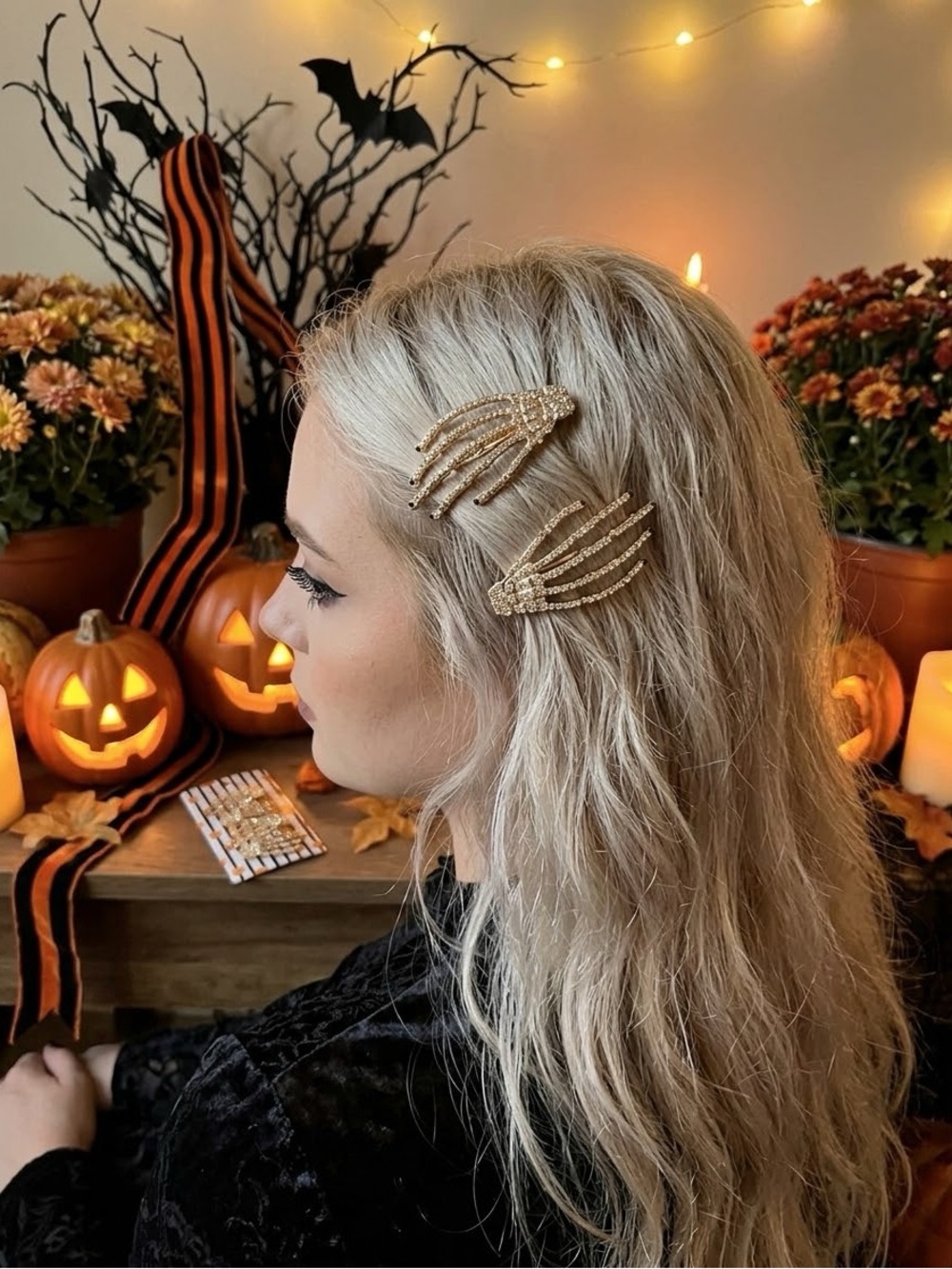 Gold Rhinestone Skeleton Hand Hair Pins — Sparkling Halloween Accent